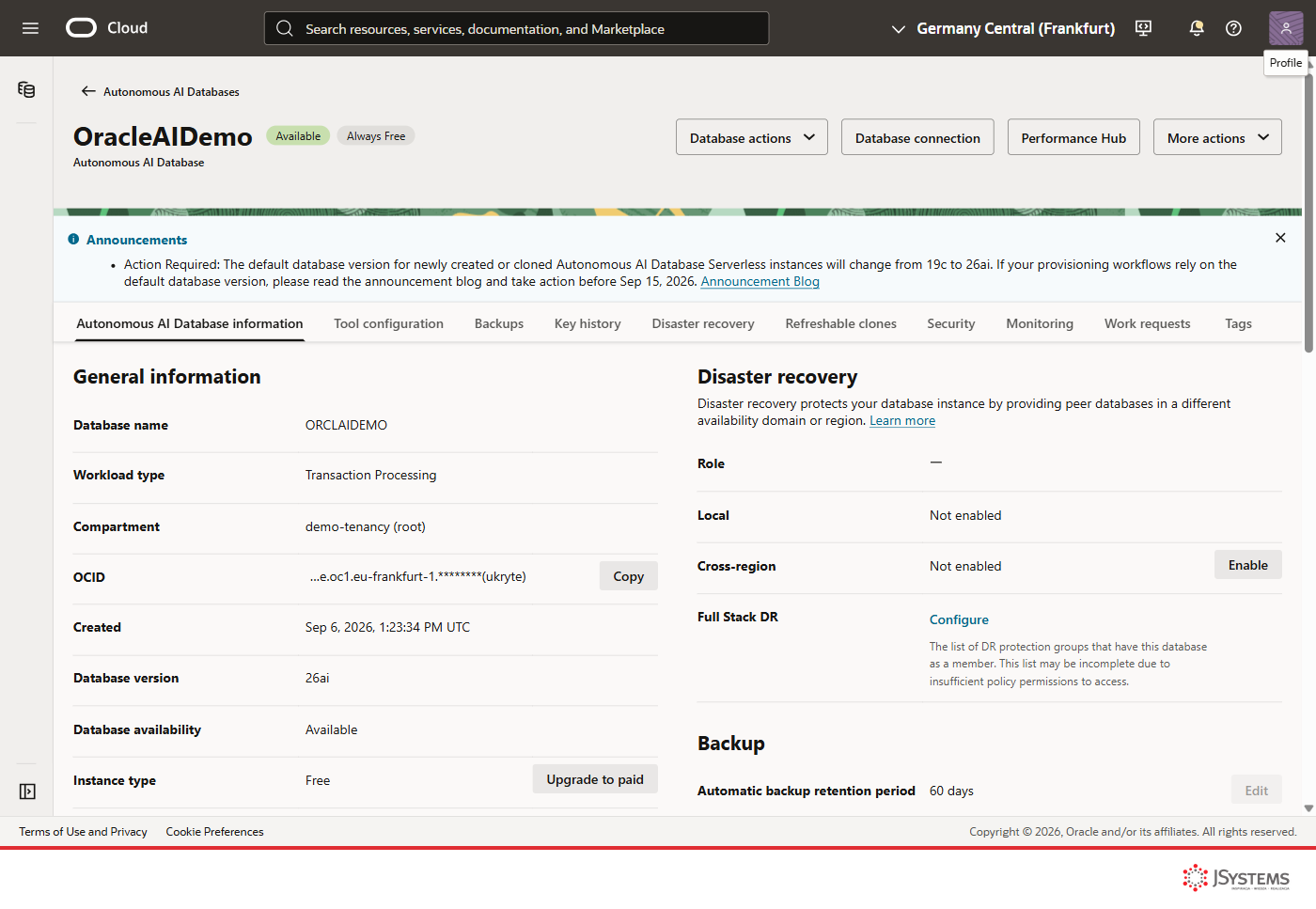 Zrzut konsoli Oracle Cloud: samozarządzająca się baza Autonomous Database w wersji 26ai, wariant Always Free, typ Transaction Processing