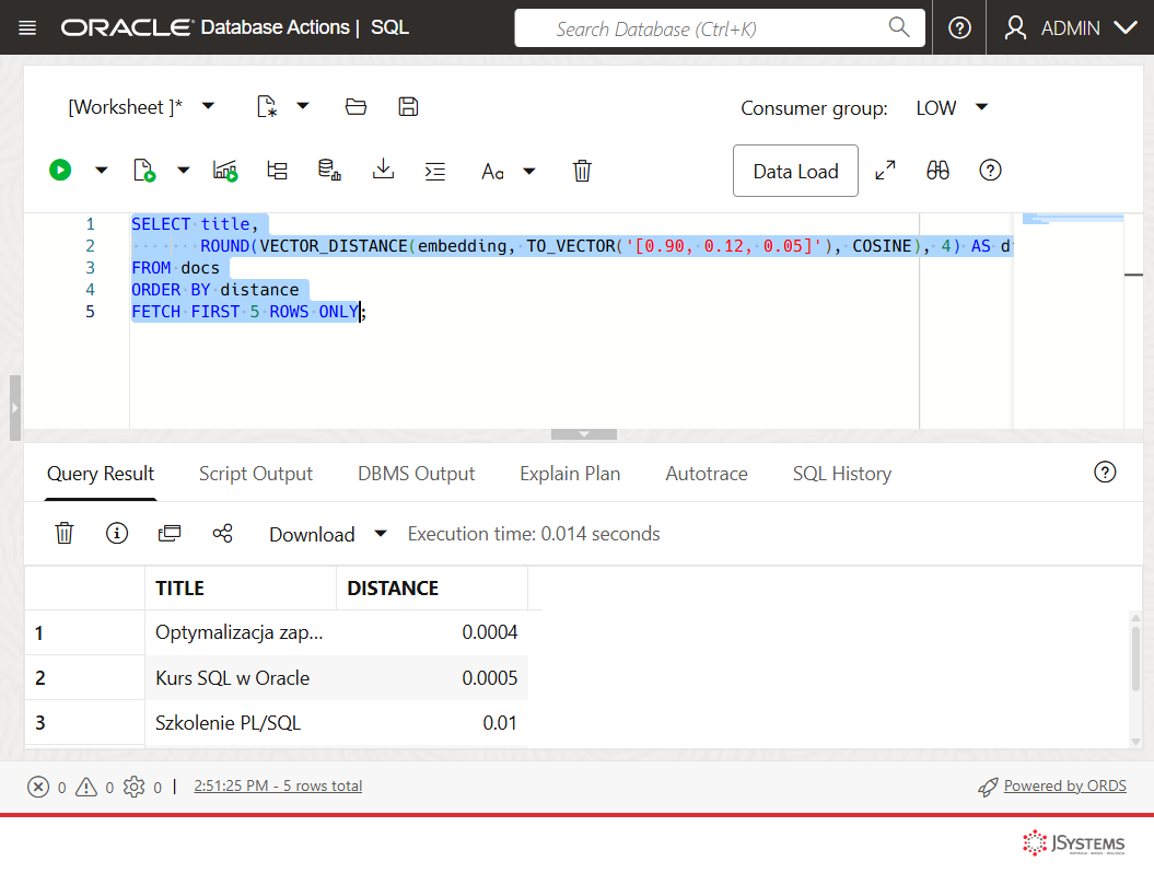 Zrzut z Oracle Database Actions: zapytanie VECTOR_DISTANCE zwraca dokumenty uszeregowane według podobieństwa znaczeniowego