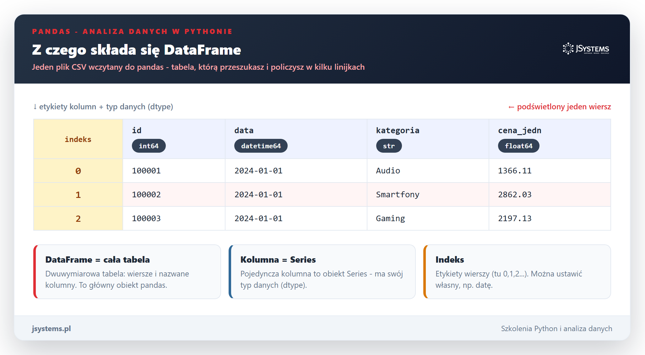 Infografika anatomii obiektu DataFrame w pandas: indeks, kolumny, typy danych dtype oraz różnica między DataFrame a Series