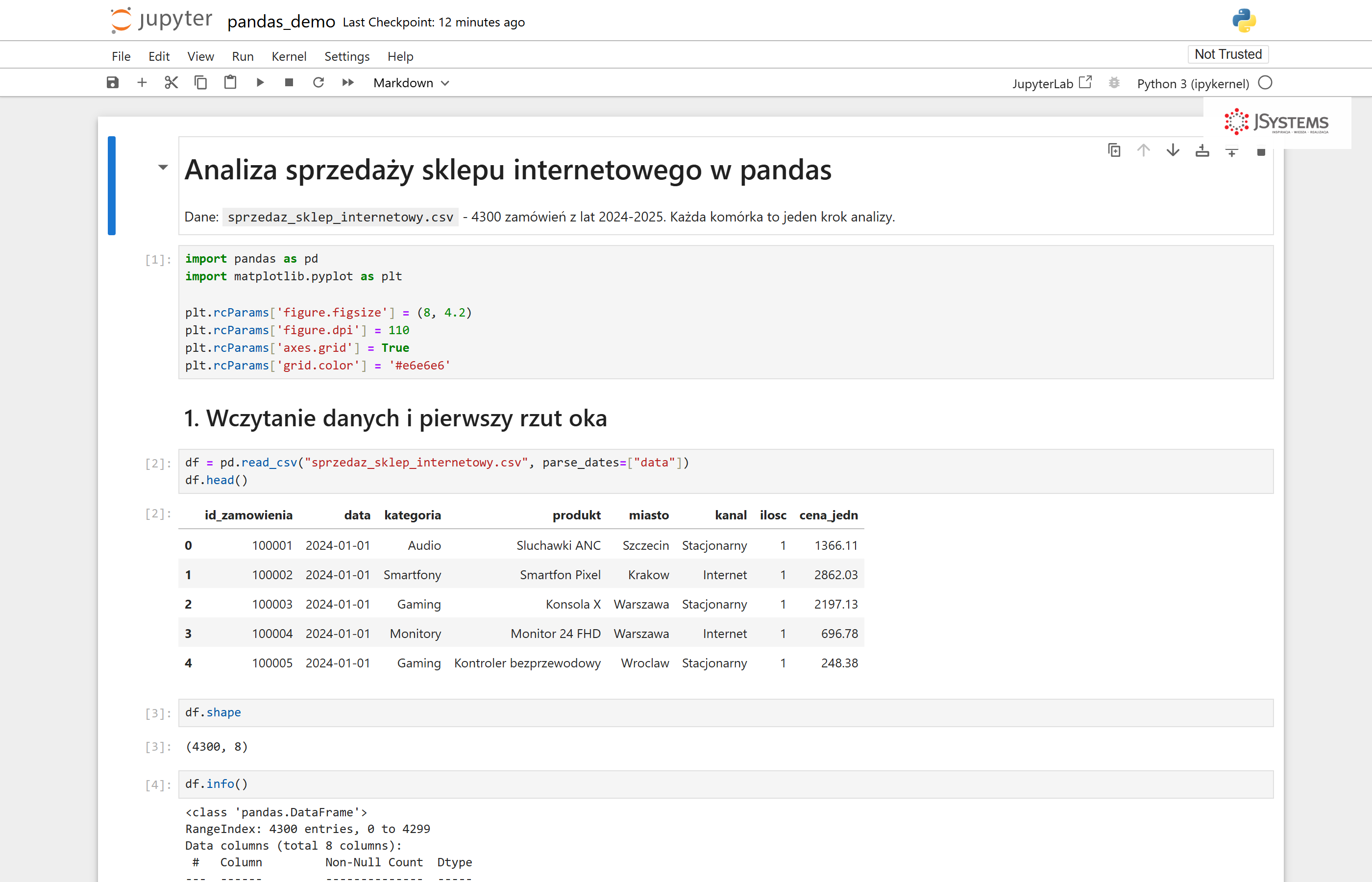 Aplikacja Jupyter Notebook z otwartym notatnikiem analizy sprzedaży w pandas - pasek narzędzi, komórki kodu i tabela wyników