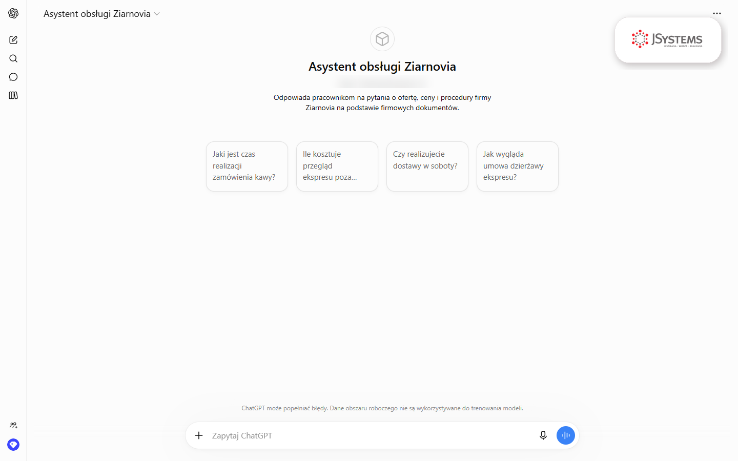 Gotowy własny GPT Asystent obsługi Ziarnovia otwarty w ChatGPT z opisem i czterema pytaniami startowymi, gotowy do rozmowy