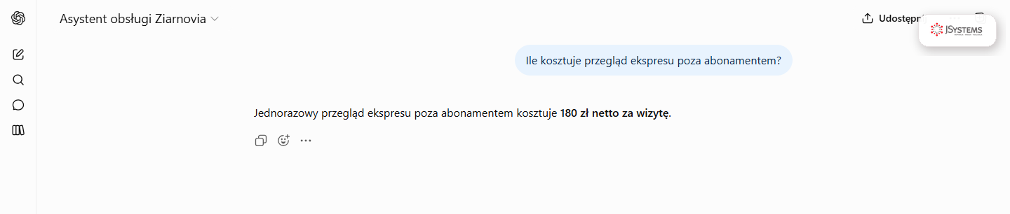 Gotowy własny GPT dla firmy odpowiada pracownikowi na pytanie o cennik na podstawie wgranych dokumentów, w oknie ChatGPT Business