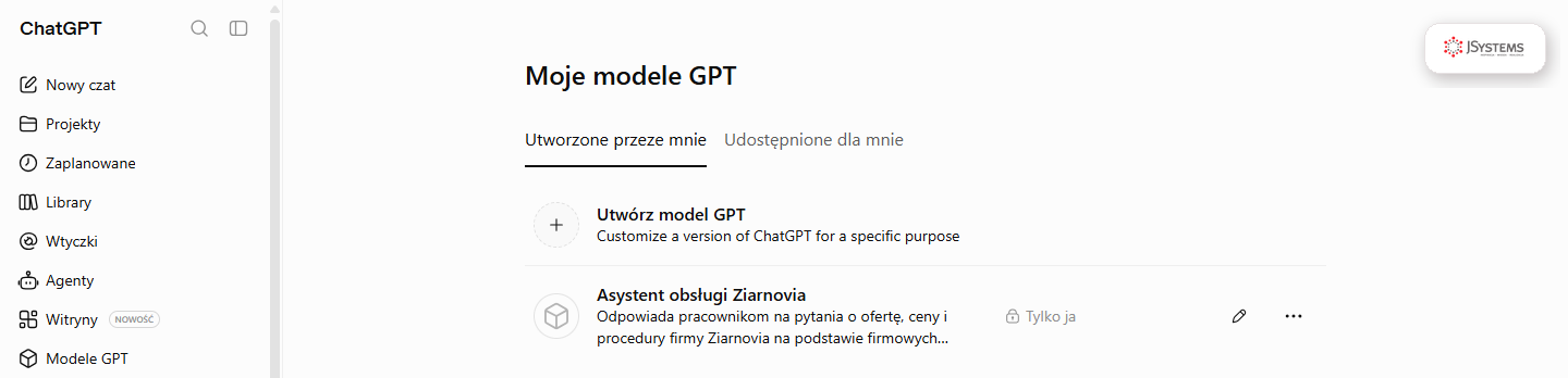 Boczne menu ChatGPT z pozycją Modele GPT oraz strona Moje modele GPT z przyciskiem Utwórz model GPT do zbudowania własnego asystenta